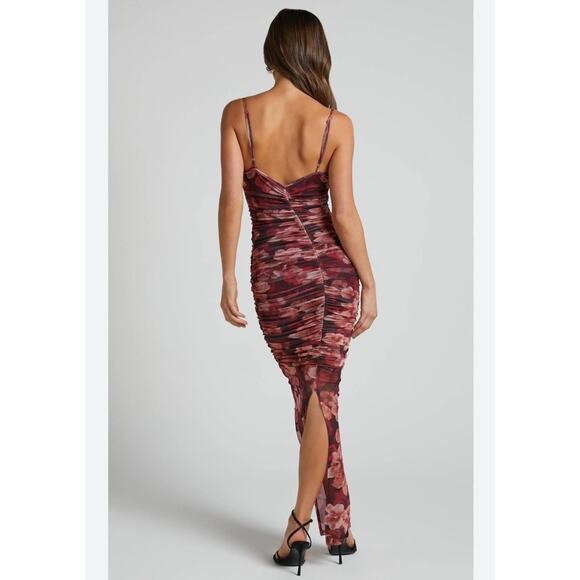 Runaway The Label - Sacha Midi Dress in Wine Floral Bodycon Ruched Womens L New - Picture 10 of 10